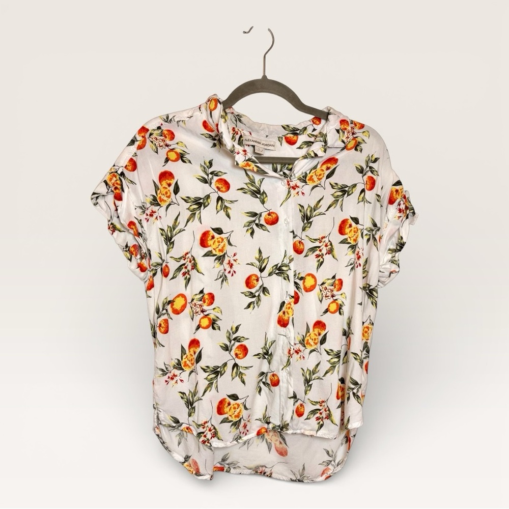 Alexander Jordan White Citrus Print Blouse Resort Coastal Chic Large